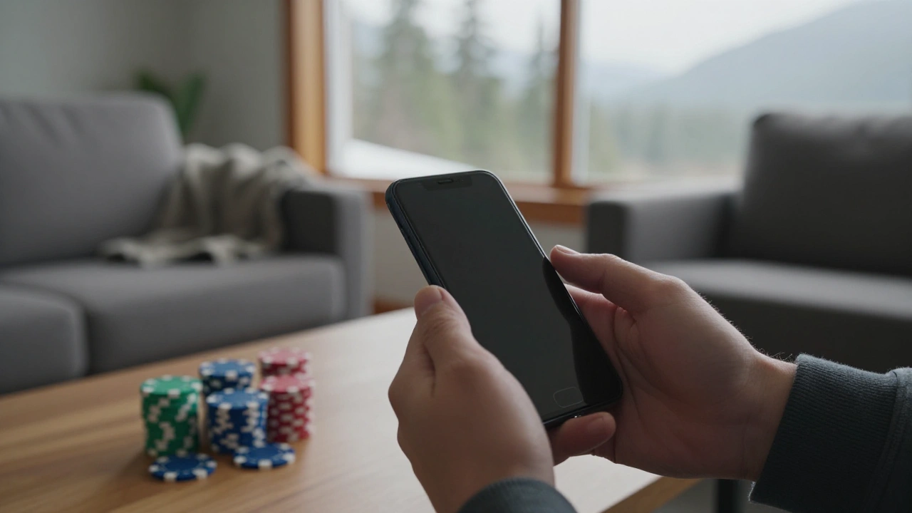 Hands holding a phone with casino chips on a table in a British Columbia home