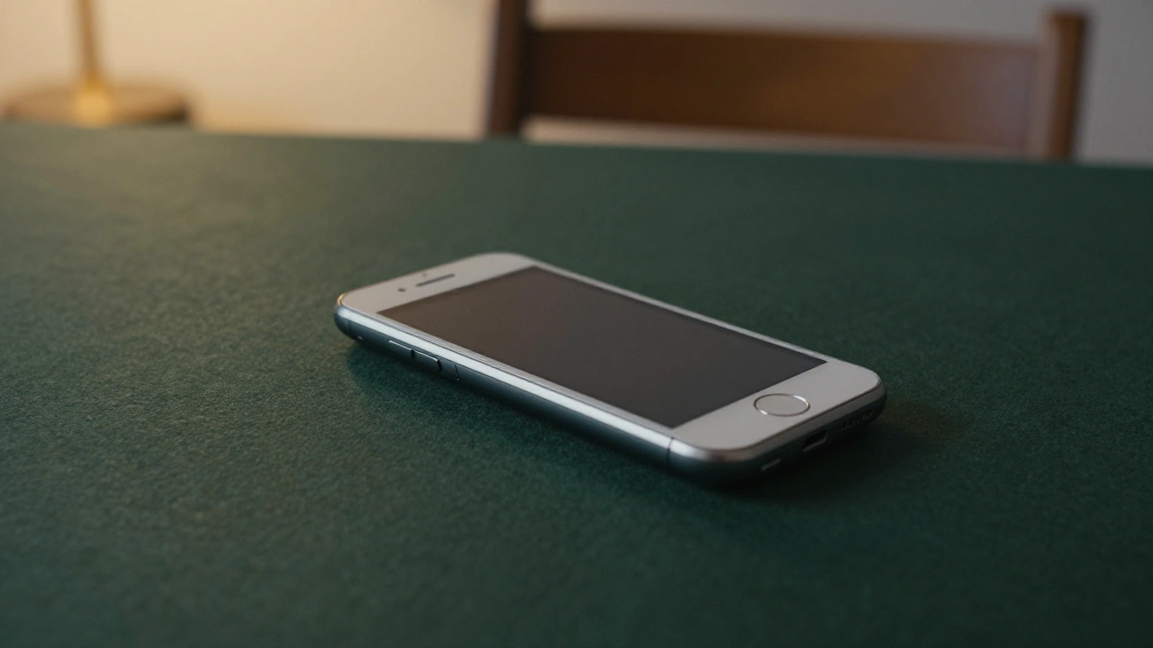 Phone resting on a felt table in a quiet room for mobile casino apps