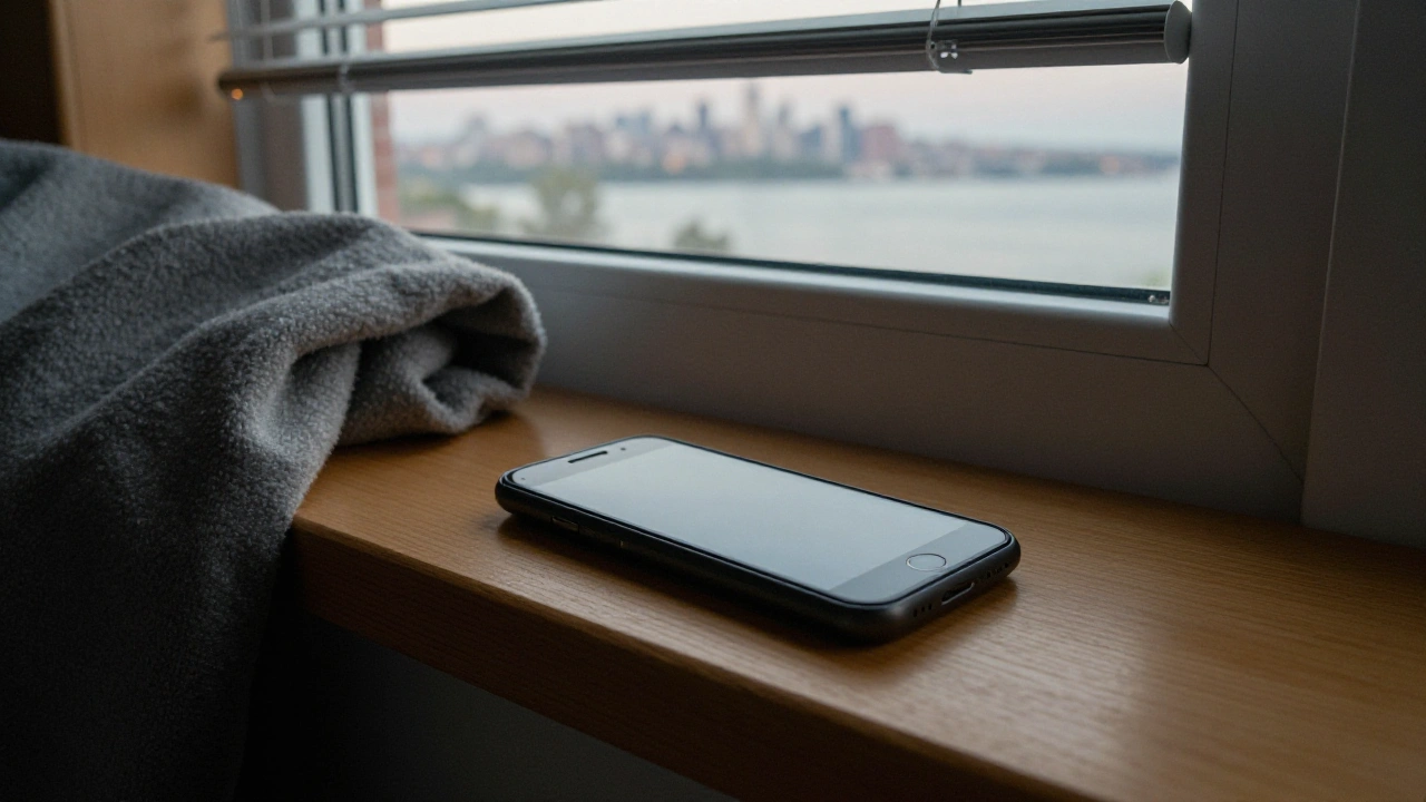 Plain unbranded phone lying on a windowsill with an Ontario skyline at dusk
