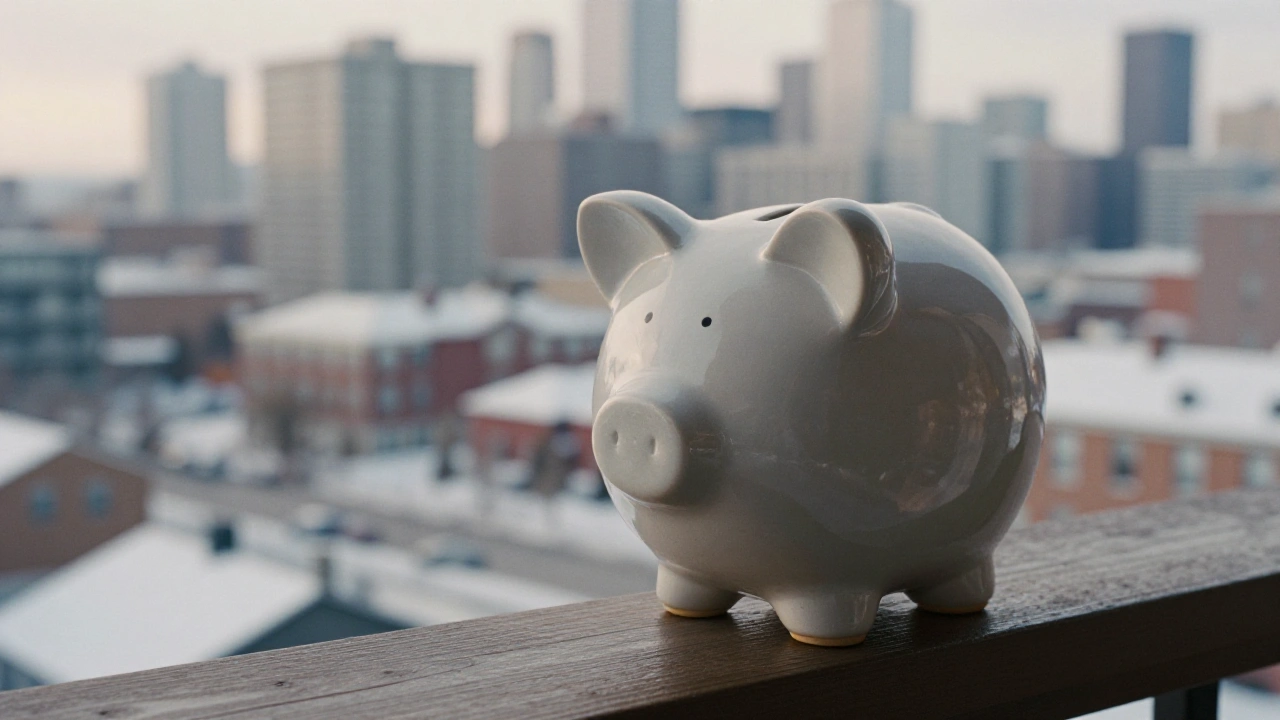 Ceramic piggy bank on a balcony railing overlooking a Canadian city, representing welcome deposit bonuses