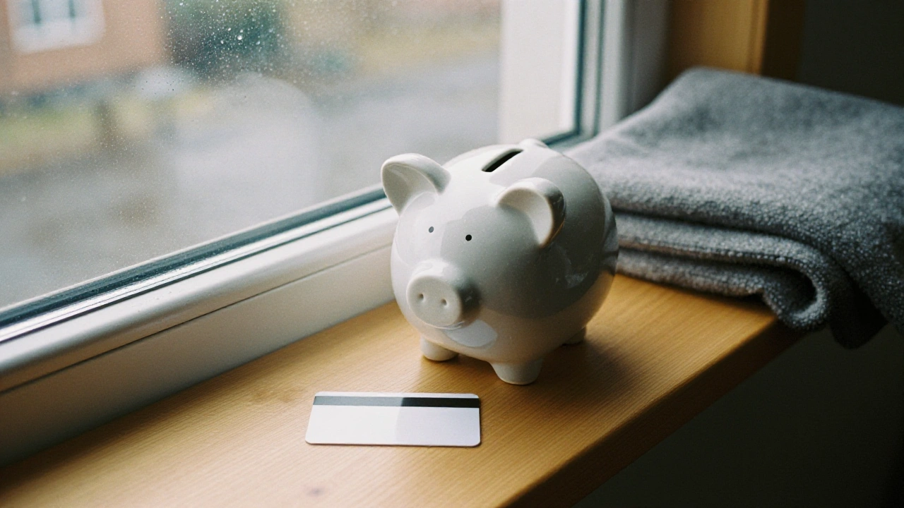 Ceramic piggy bank beside a blank white card on a rainy windowsill for casino deposits