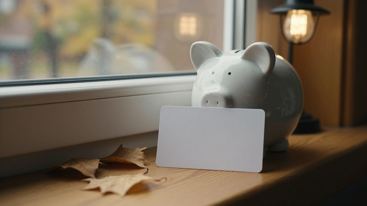 Ceramic piggy bank and blank card on a windowsill for casino deposits and withdrawals