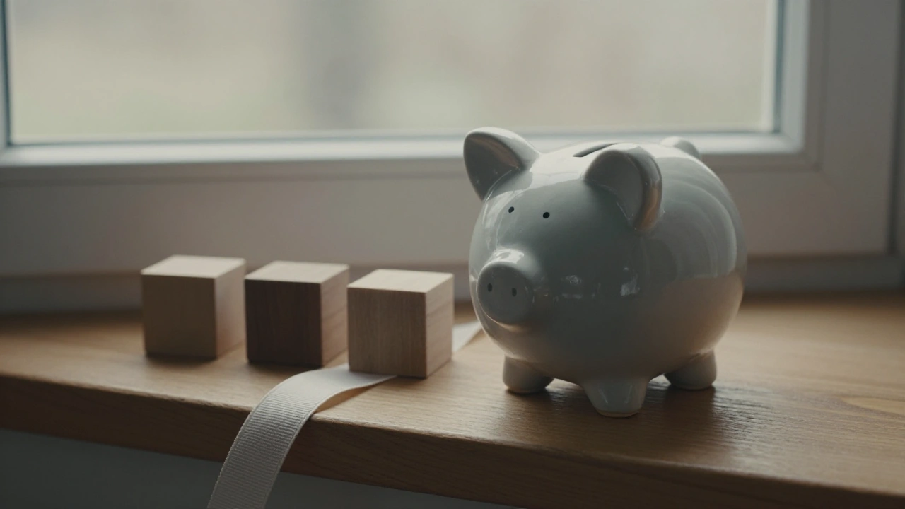 Ceramic piggy bank on a windowsill with wooden blocks for casino bonus deposit tiers