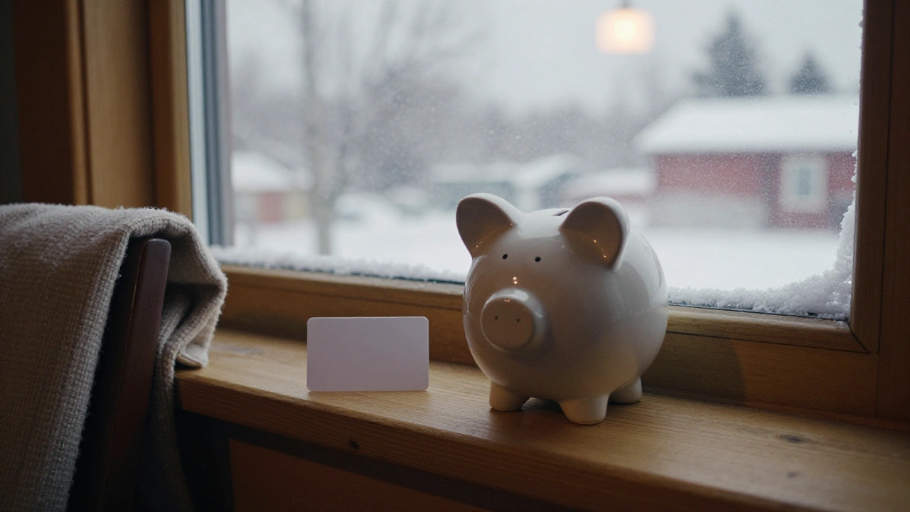 Ceramic piggy bank and blank card on a snowy sunroom windowsill for budgeting casino deposits