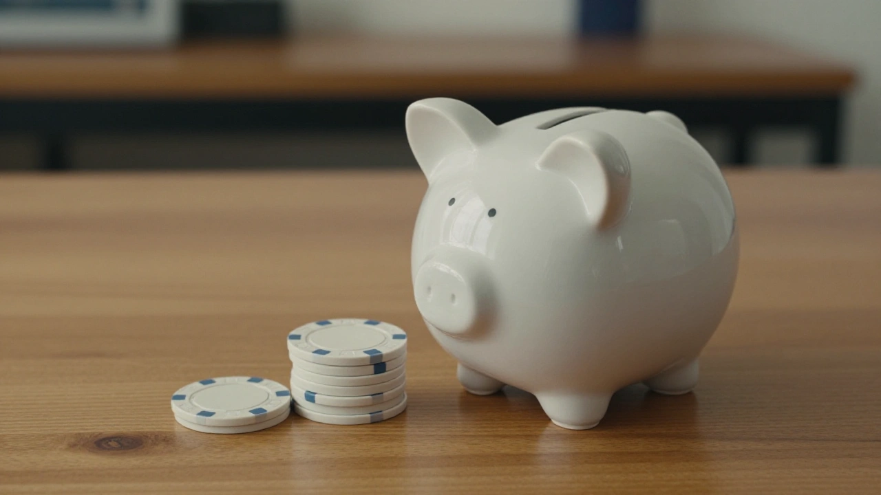 White ceramic piggy bank beside plain casino chips on a table for deposit bonuses