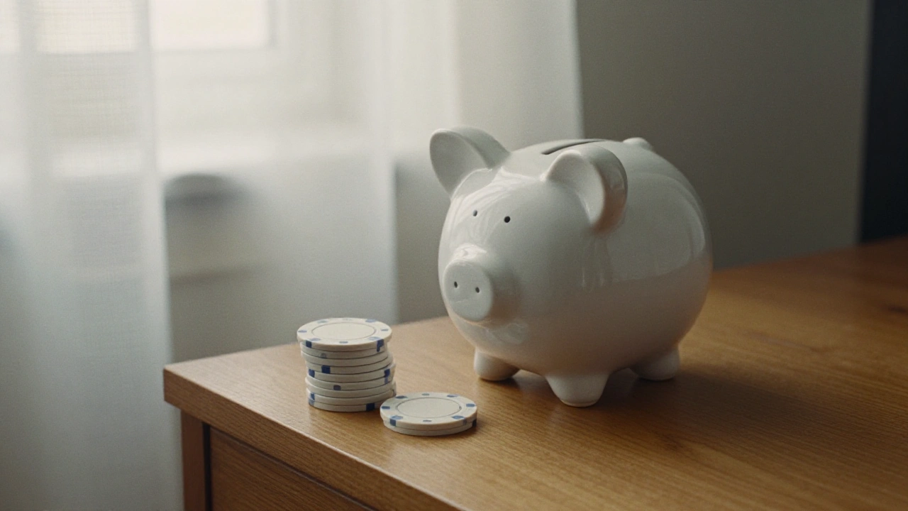 White ceramic piggy bank and casino chips on a wooden sideboard for deposit bonuses