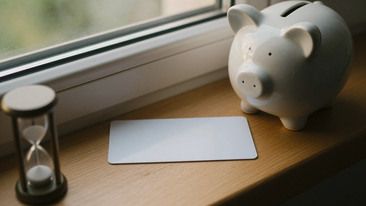 Piggy bank and blank card on a windowsill for a casino deposit bonus