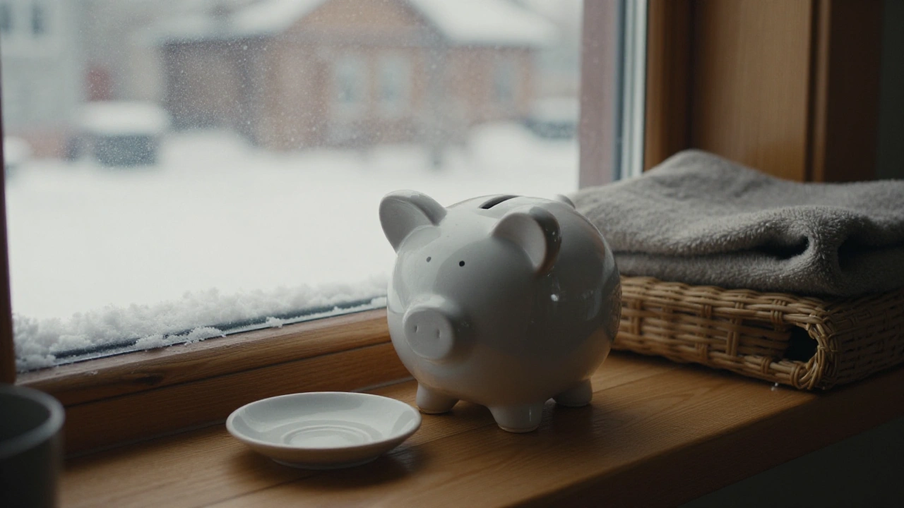 Ceramic piggy bank on a snowy windowsill representing casino deposit and match bonuses