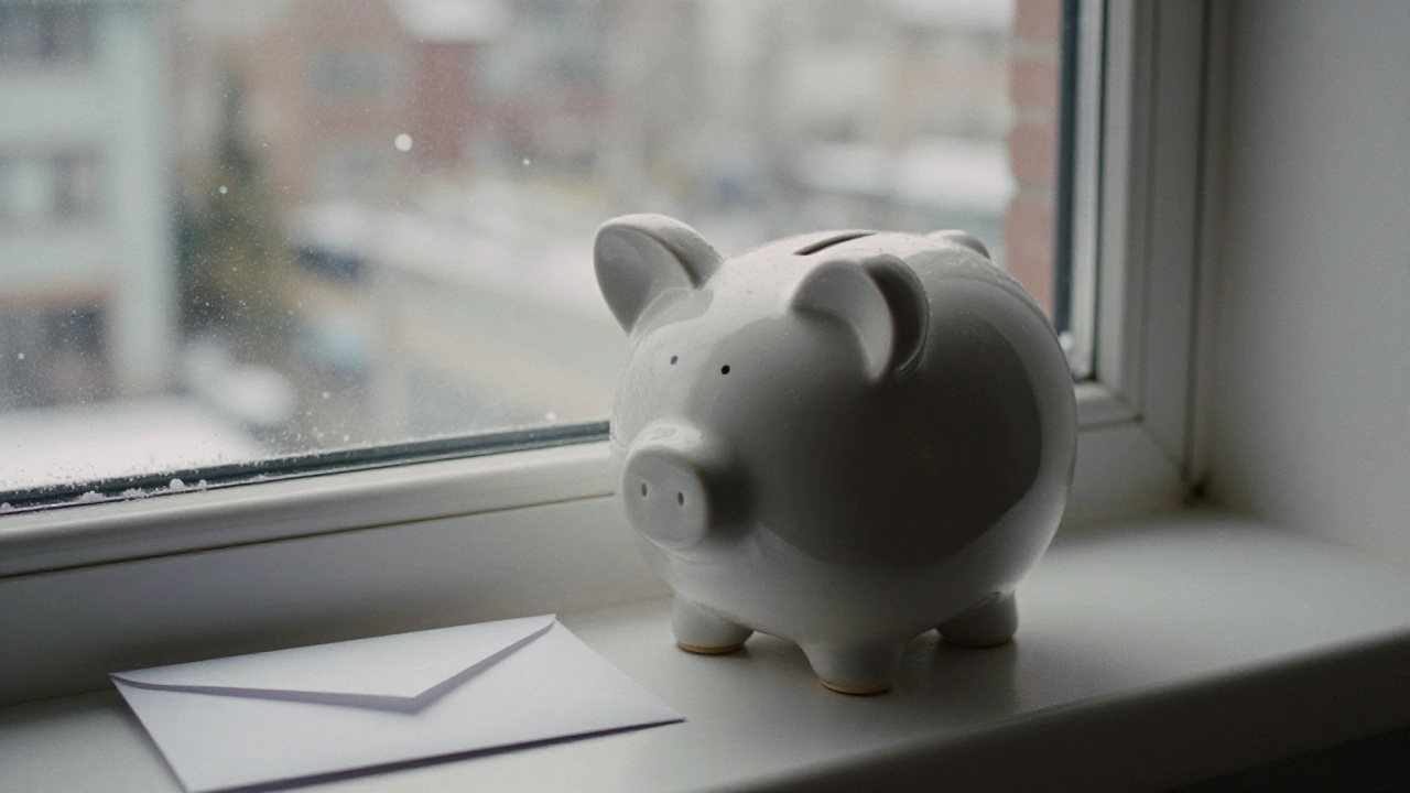 Ceramic piggy bank on a snowy Vancouver windowsill representing casino deposit bonuses