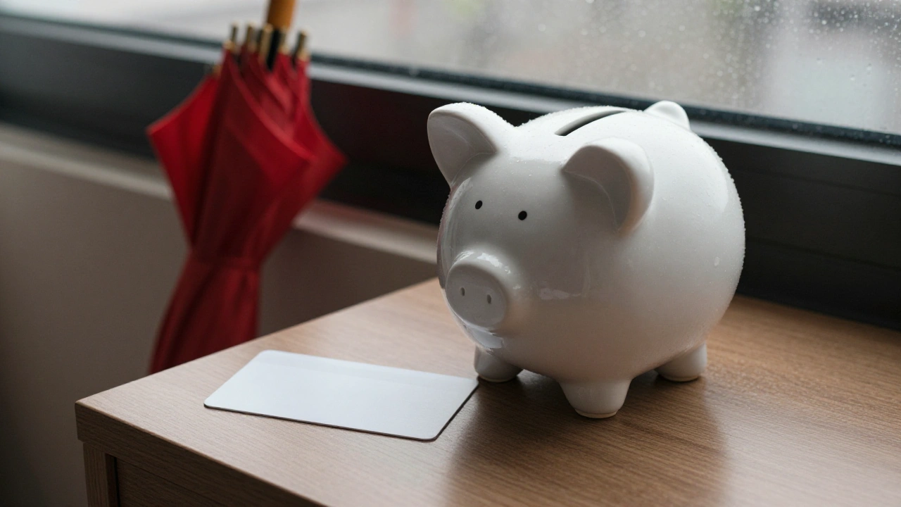 White ceramic piggy bank on a hotel desk beside a blank payment card for casino deposits