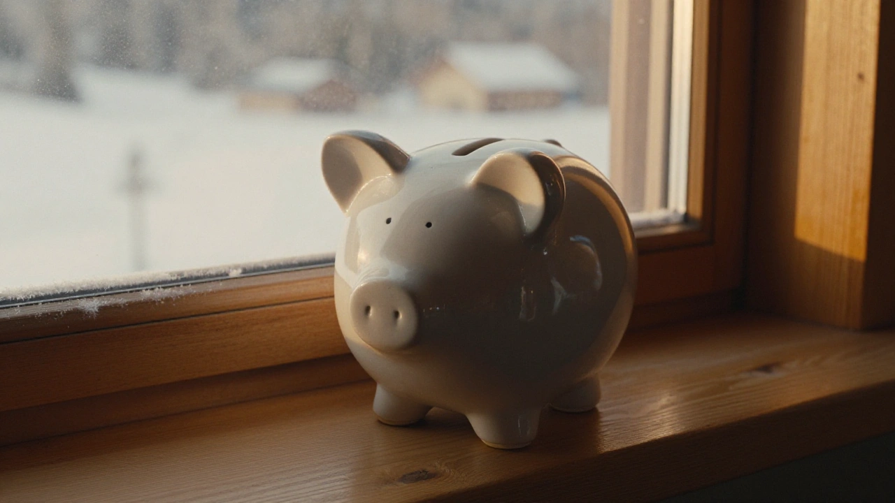Ceramic piggy bank on a ski lodge windowsill symbolising online casino bonus credit