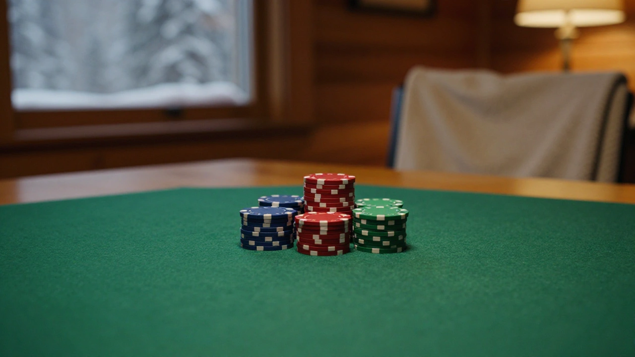 Neat stack of plain casino chips on green felt in an Alberta cabin