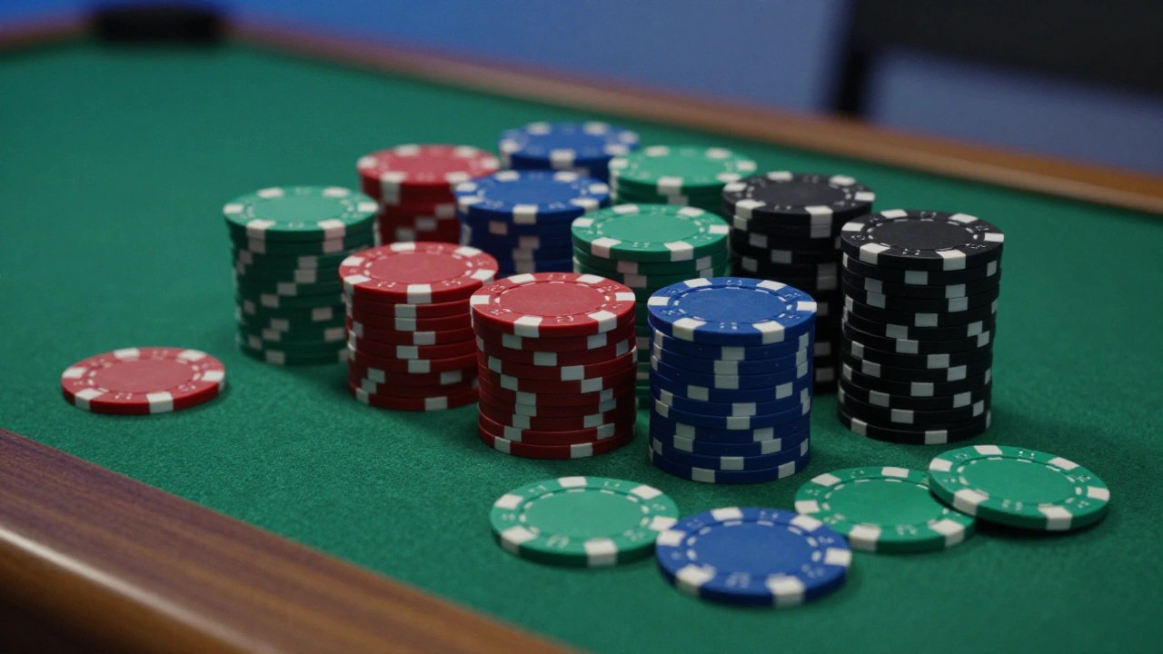Stacks of plain casino chips on green felt representing a large games library