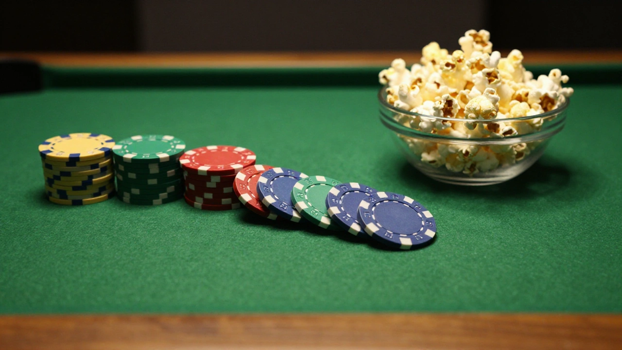 Stacks of plain unmarked casino chips beside a bowl of popcorn on green felt