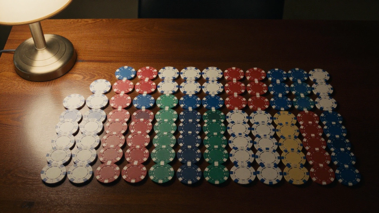 Plain unmarked chips in many colours arranged in rows, reflecting the wide game selection