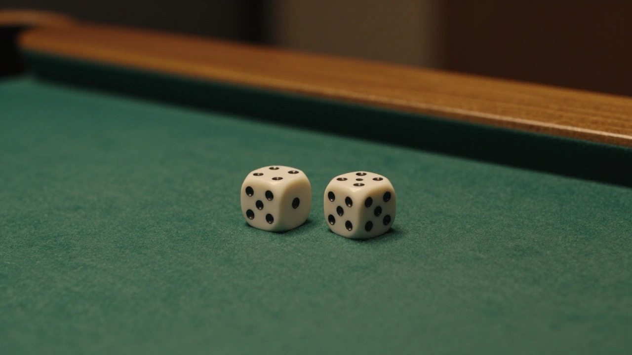 Two plain dice resting on green felt in a quiet studio for video poker terms