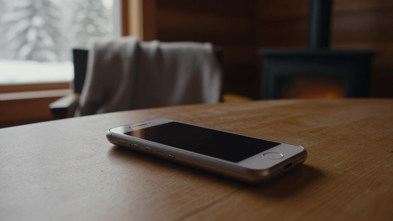 Plain phone on a wooden cabin table for mobile casino play in Ontario