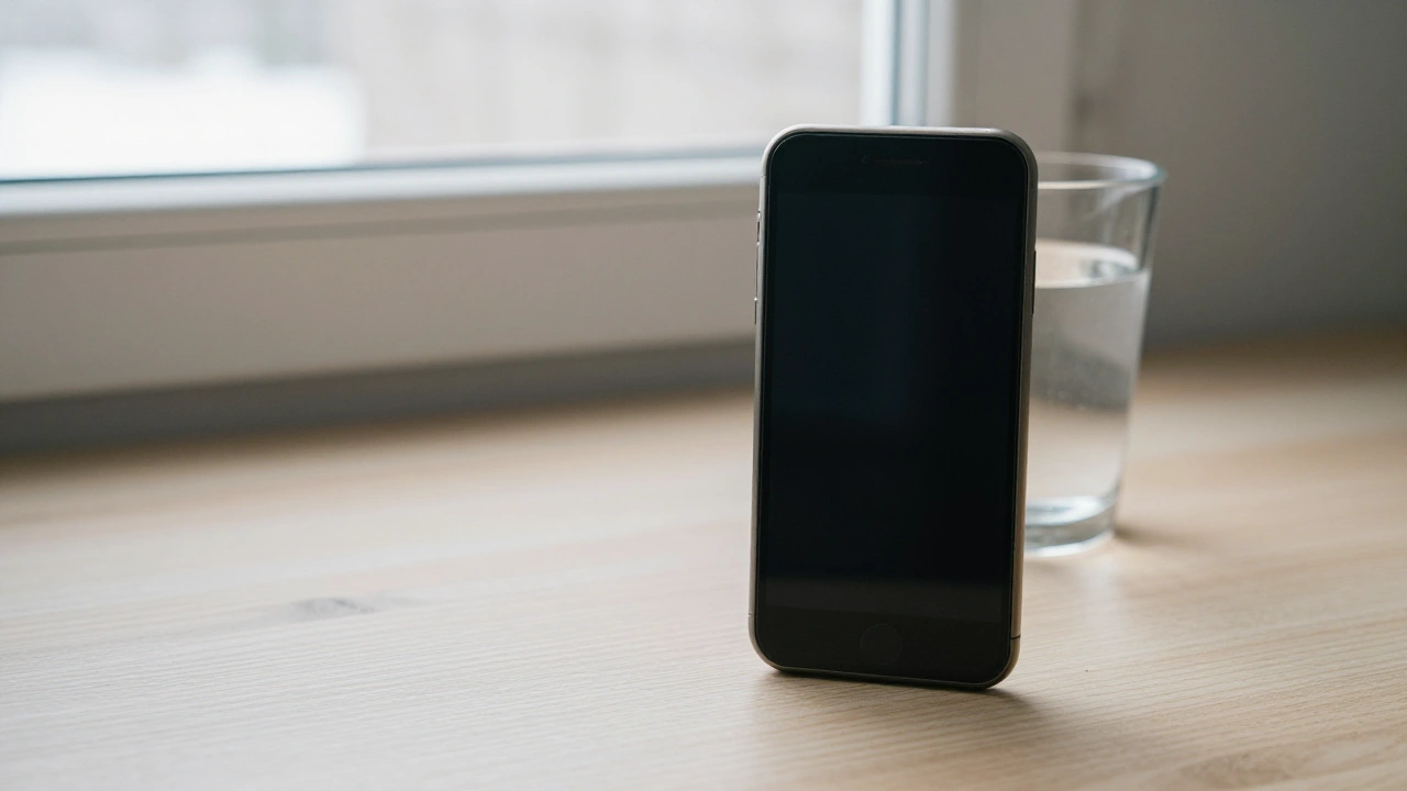 Plain phone with a black screen on a home desk for browsing casino games