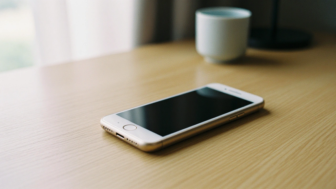 Plain phone with switched-off screen on a hotel desk for mobile casino app review