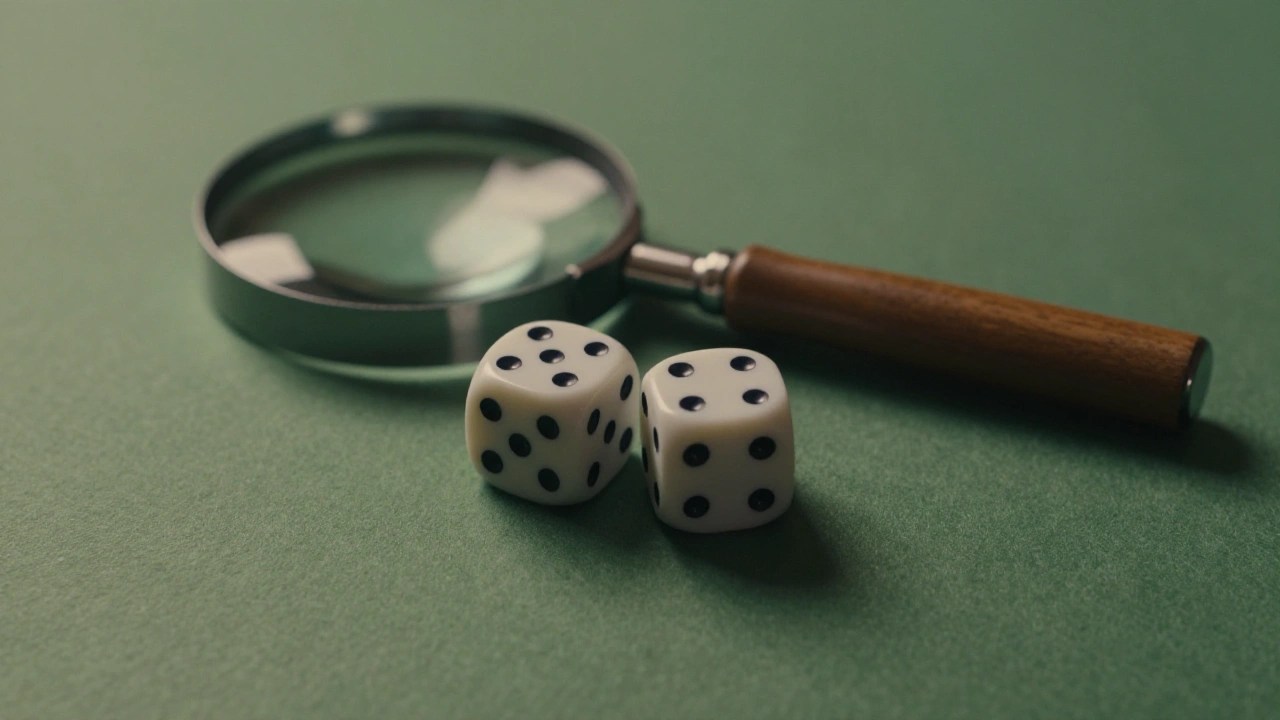 Plain white dice and a magnifying glass on green felt representing casino game search