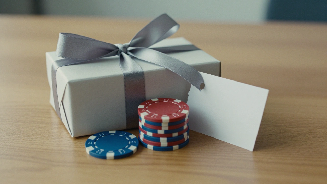 Gift box and plain casino chips on a table representing prepaid card deposit bonuses