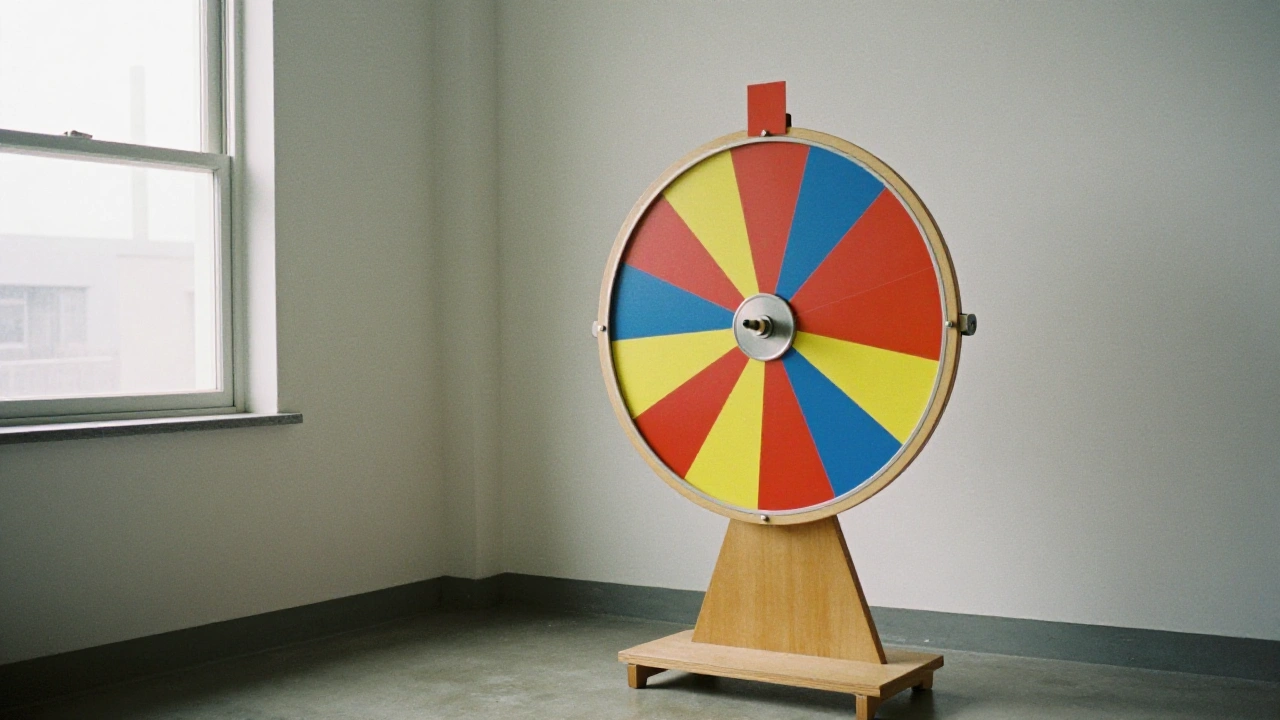 Generic prize wheel with coloured segments in a studio, symbolising casino bonus promotions