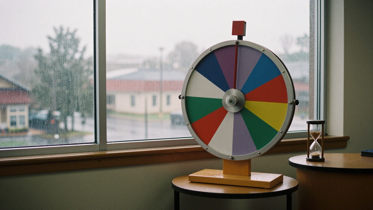 Coloured prize wheel and hourglass in a studio representing casino bonus tiers