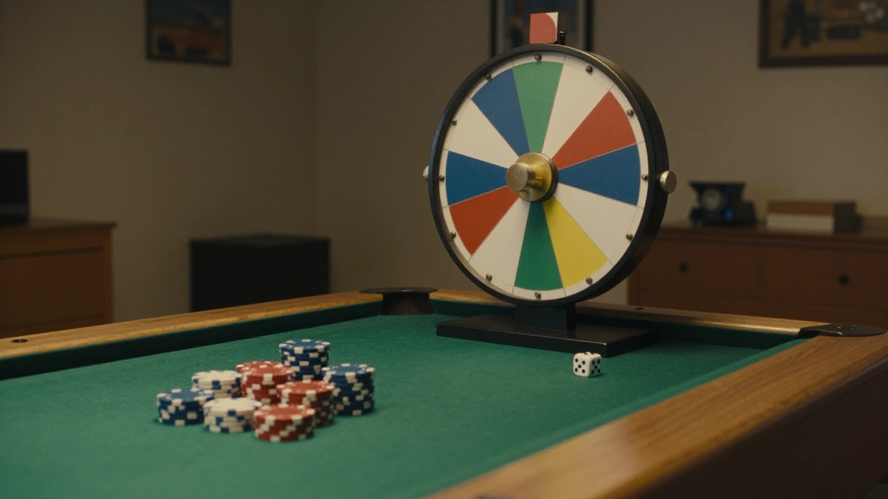 Prize wheel with coloured segments beside casino chips on green felt in a basement game room