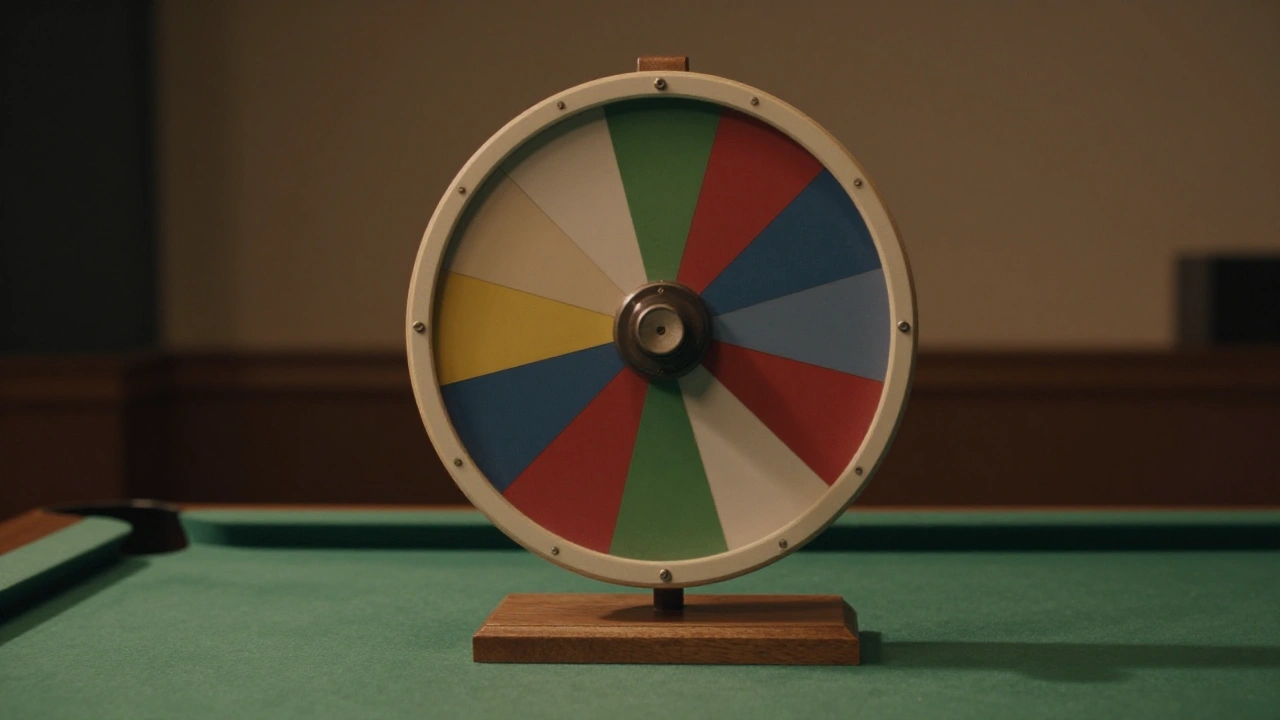Prize wheel with plain coloured segments standing in a quiet studio, representing casino game variety