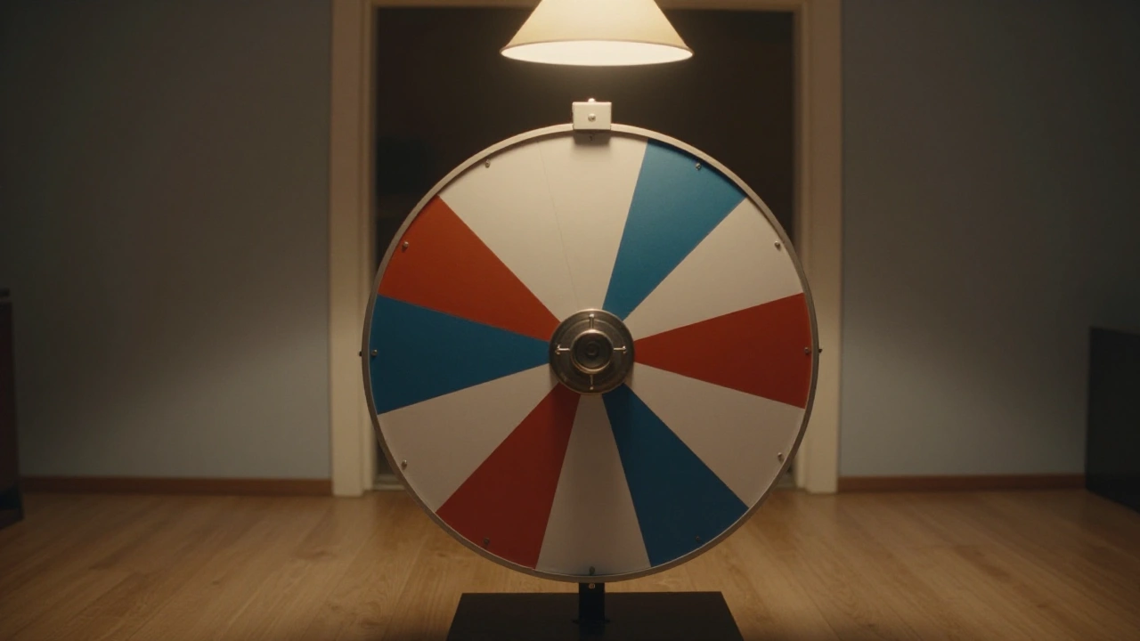 Prize wheel with coloured segments in a quiet studio representing the range of casino games