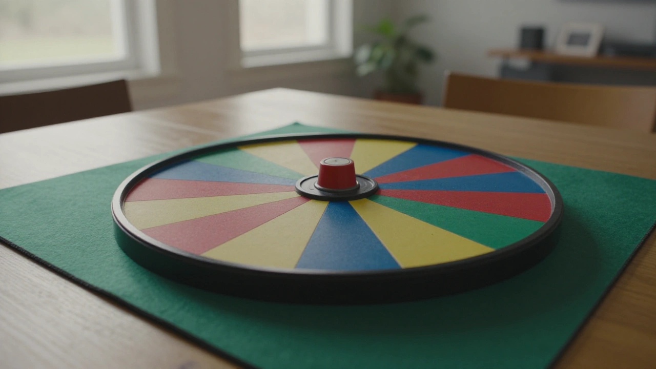 Generic prize wheel with coloured segments on a table representing the games library variety