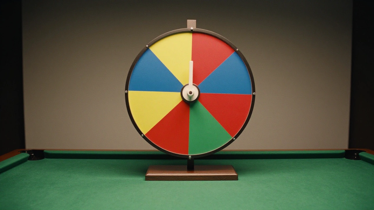 Prize wheel with plain coloured segments on green felt representing jackpot tiers