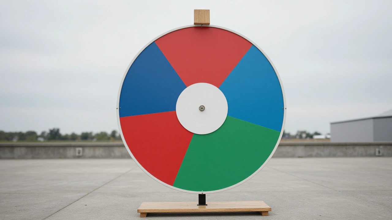 Prize wheel with plain coloured segments on a studio set for casino welcome bonuses