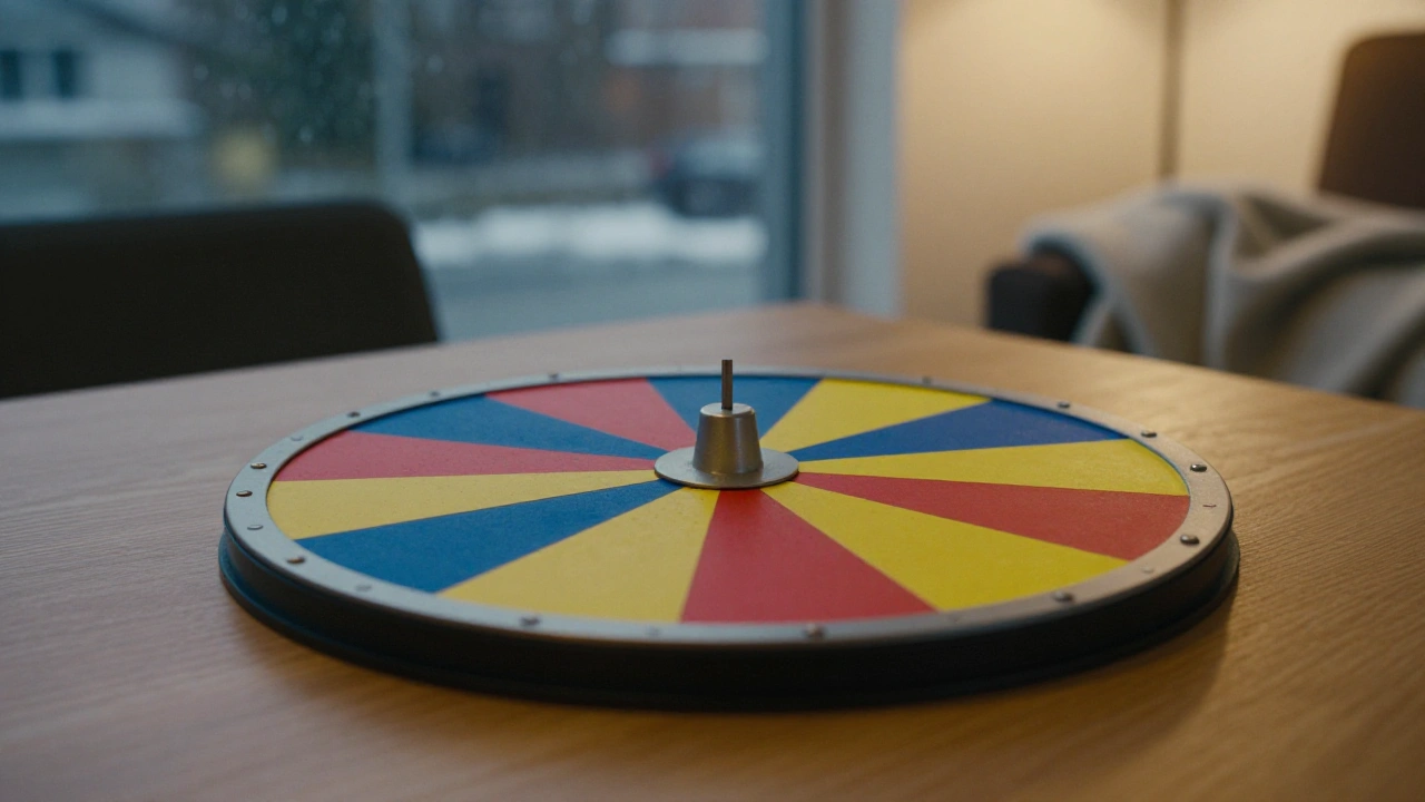 Plain prize wheel with coloured segments suggesting welcome bonus rewards in a quiet apartment