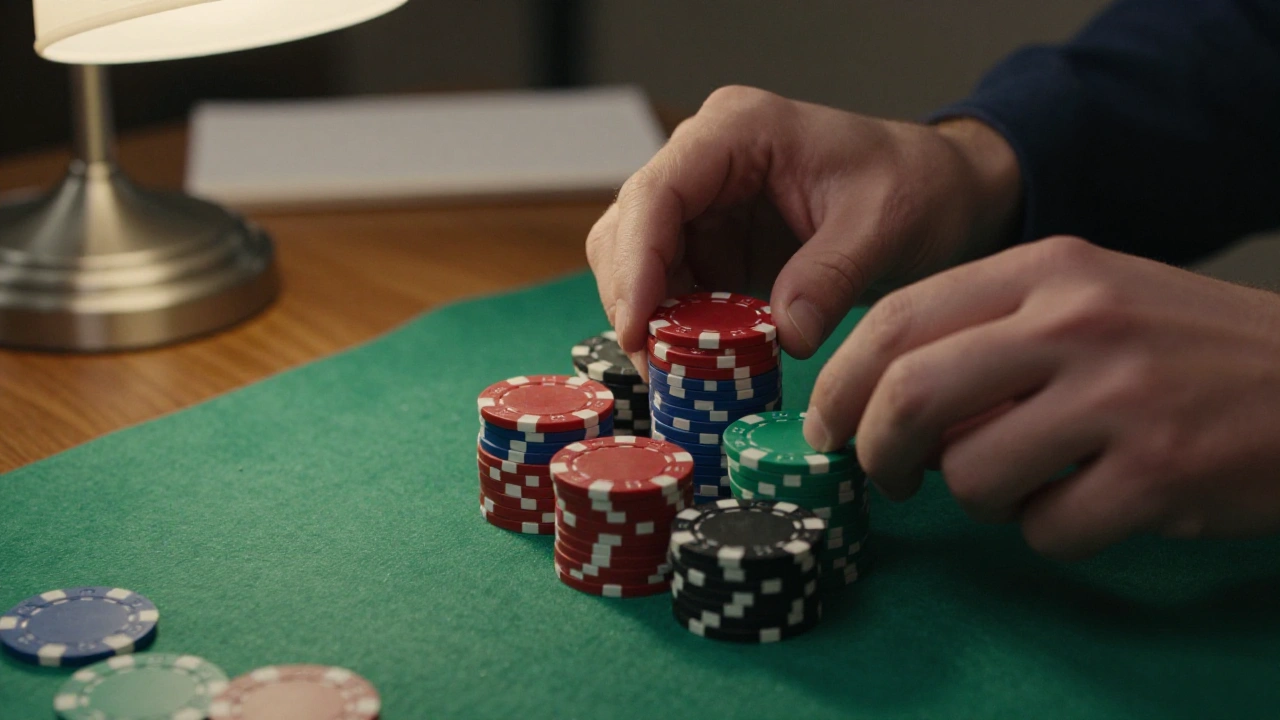Hands stacking colourful casino chips on a desk in a quiet study