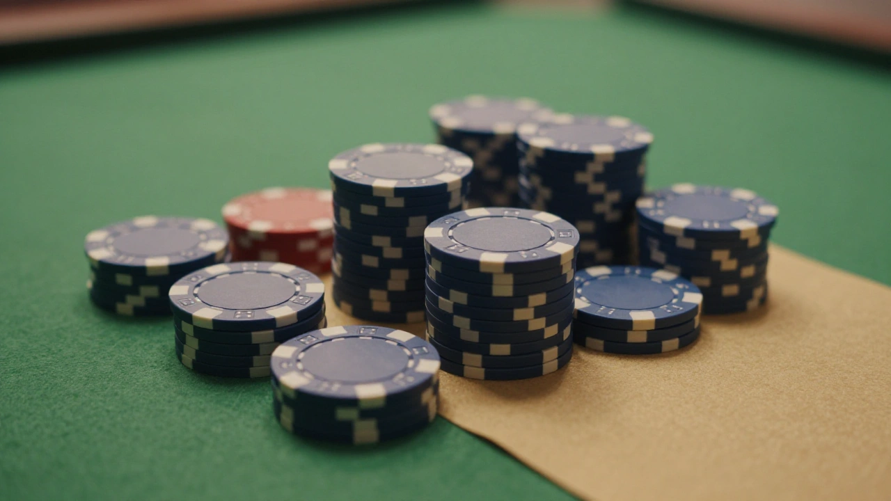 Stacks of plain casino chips on green felt representing slot game wins
