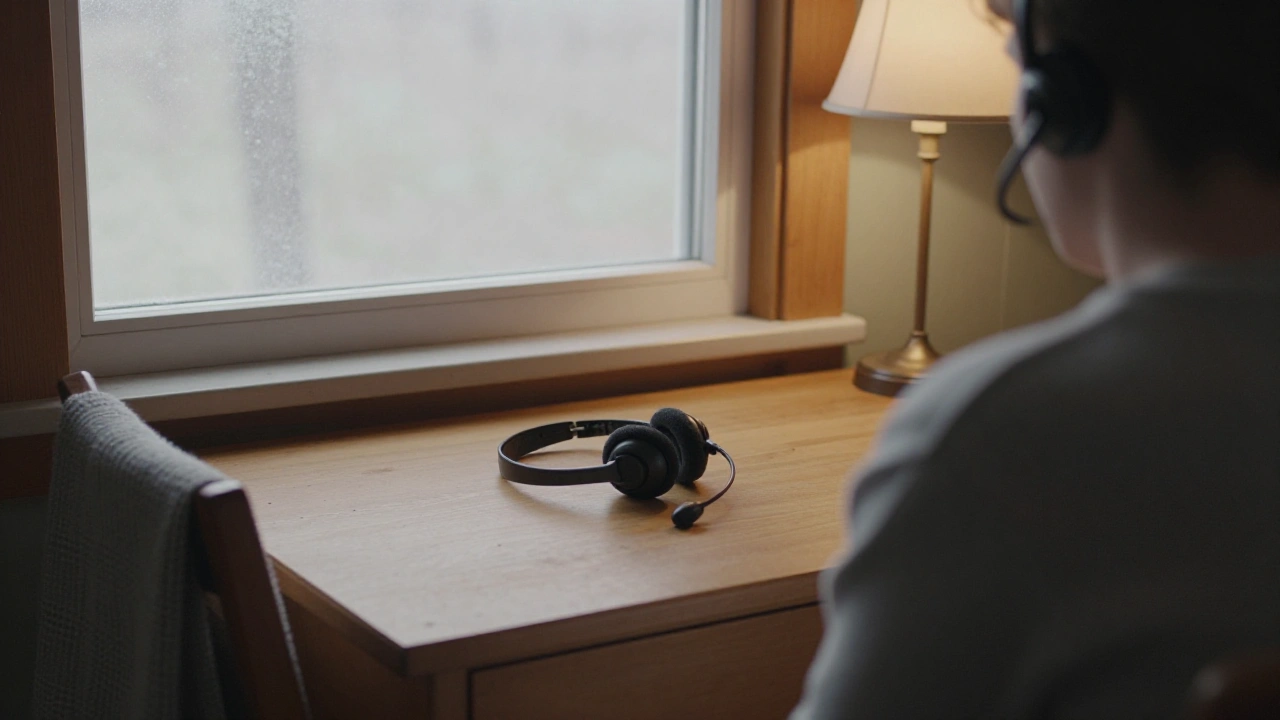 Person seated at a desk beside a support headset in a farmhouse kitchen