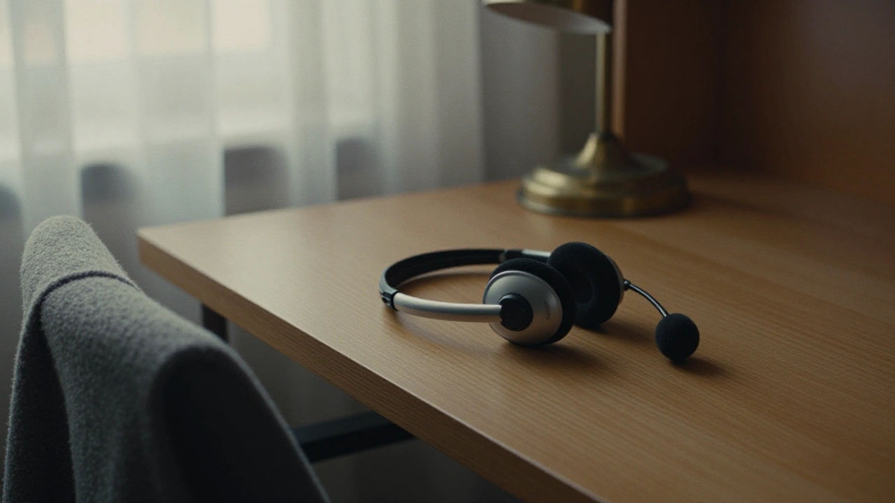 Support headset resting on a desk in an Ottawa reading nook for live chat help