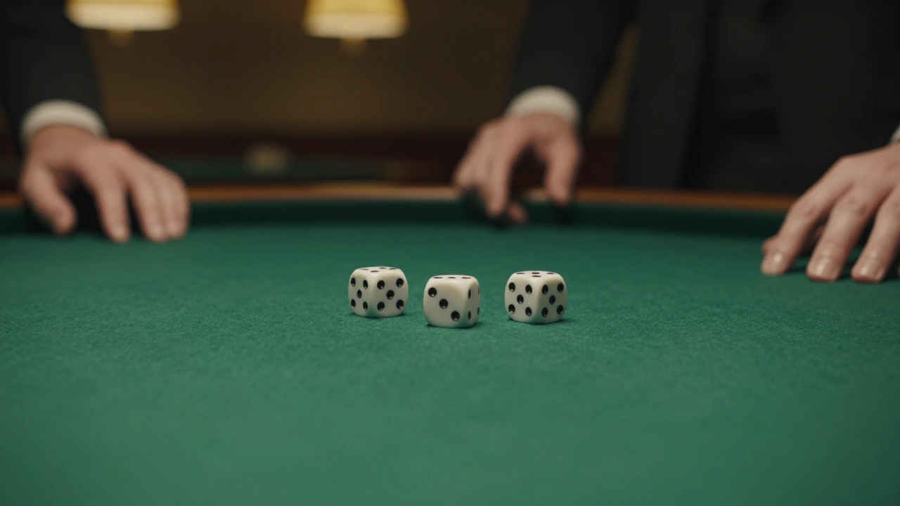 Three plain dice on green felt for playing Sic Bo online