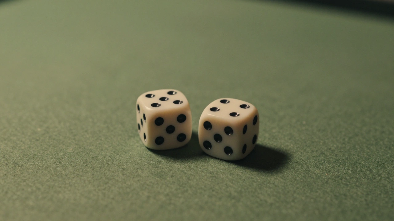 Two plain dice on green felt symbolising a vast online casino game library