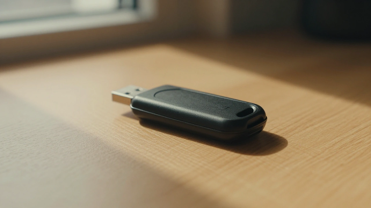 Matte-black USB crypto key resting on a wooden desk for fast crypto deposits