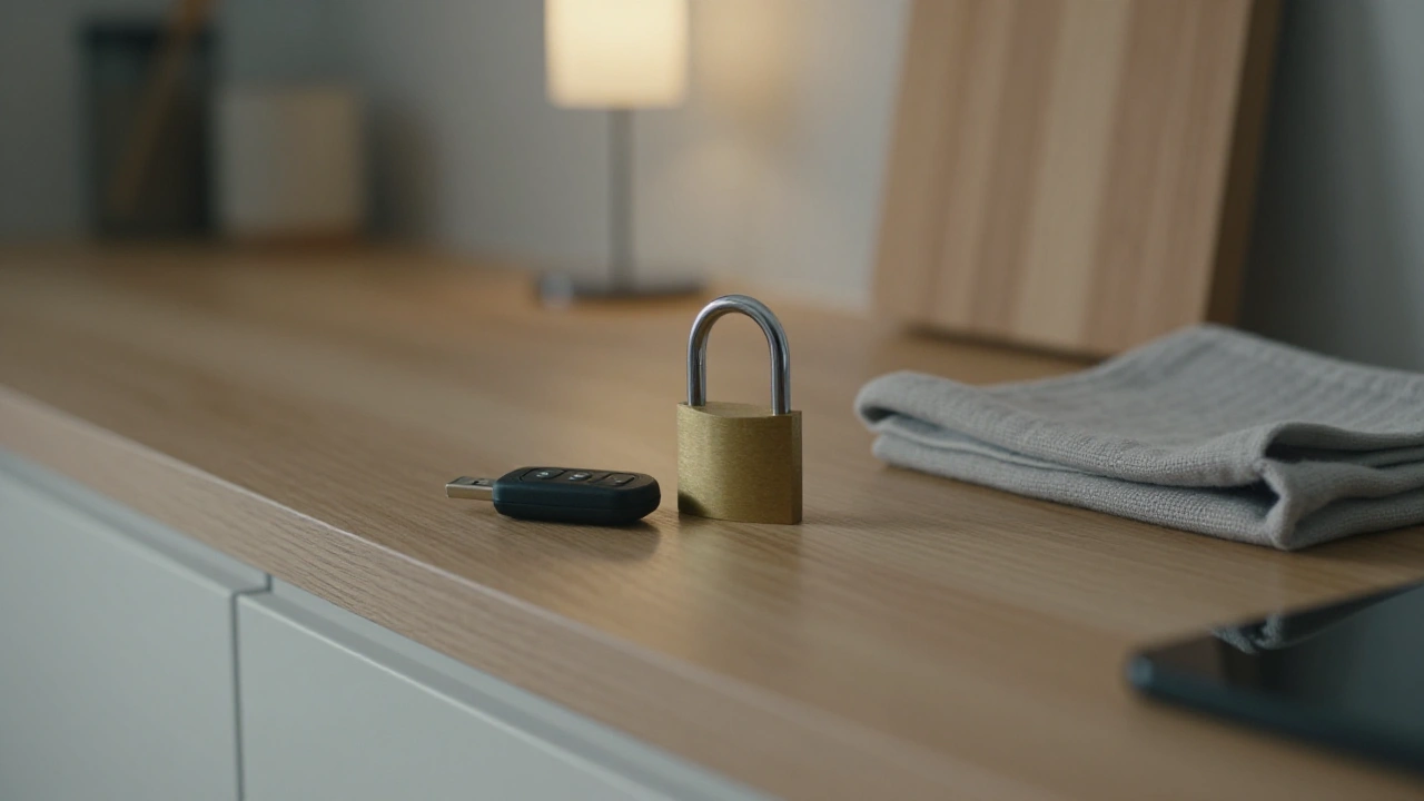 Matte-black USB crypto key and brass padlock on a kitchen counter for casino security