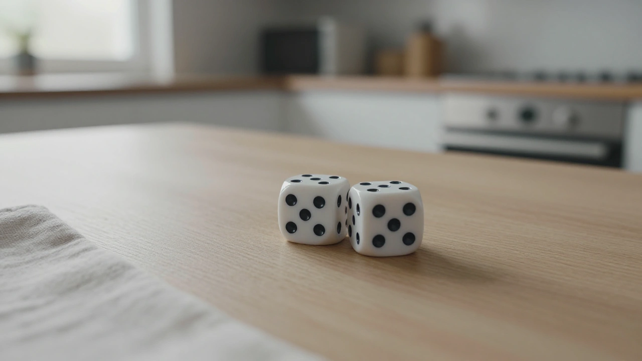 Pair of white dice on a wooden kitchen table representing big live game show wins