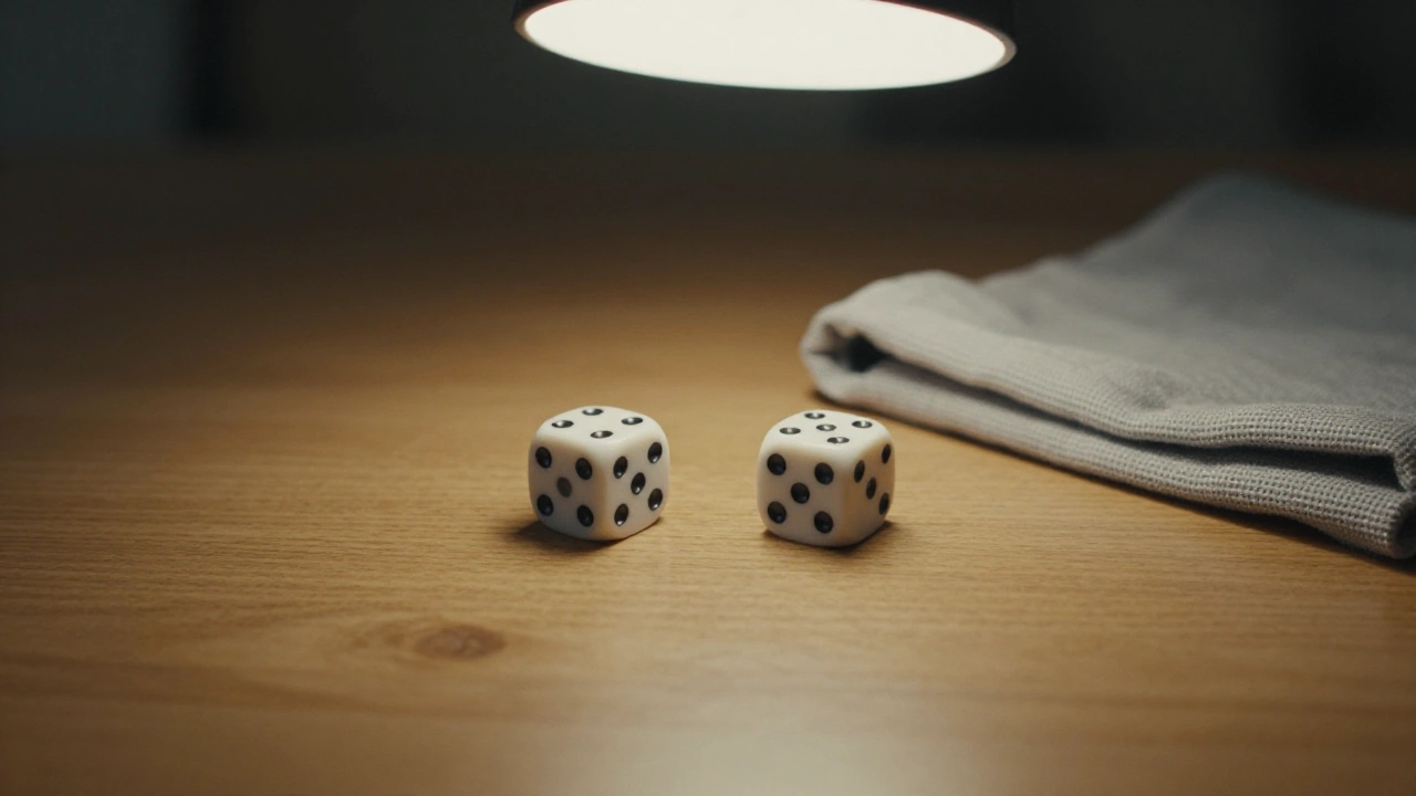 Pair of white dice on a wooden table representing casino bonus deals and chance