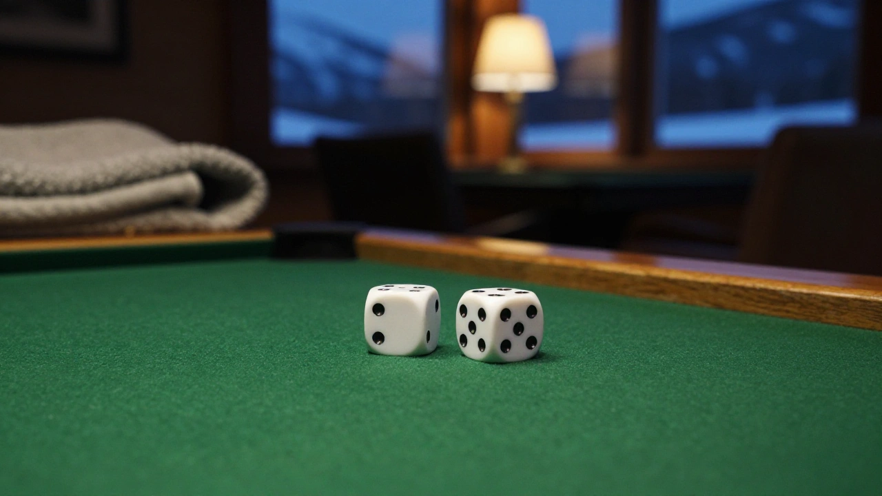 Pair of white dice on green felt in a quiet ski lodge lounge