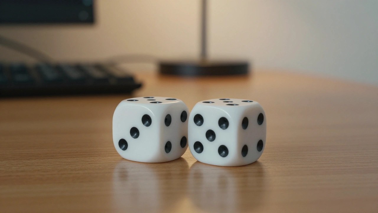 Two white dice on a wooden desk representing table games in an online casino review