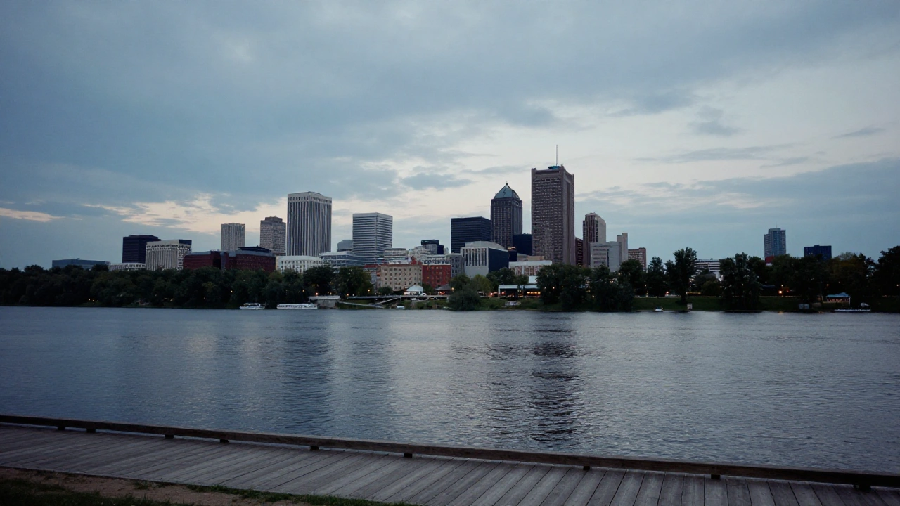Winnipeg skyline across the Red River at dusk, a Manitoba setting for land-based casinos